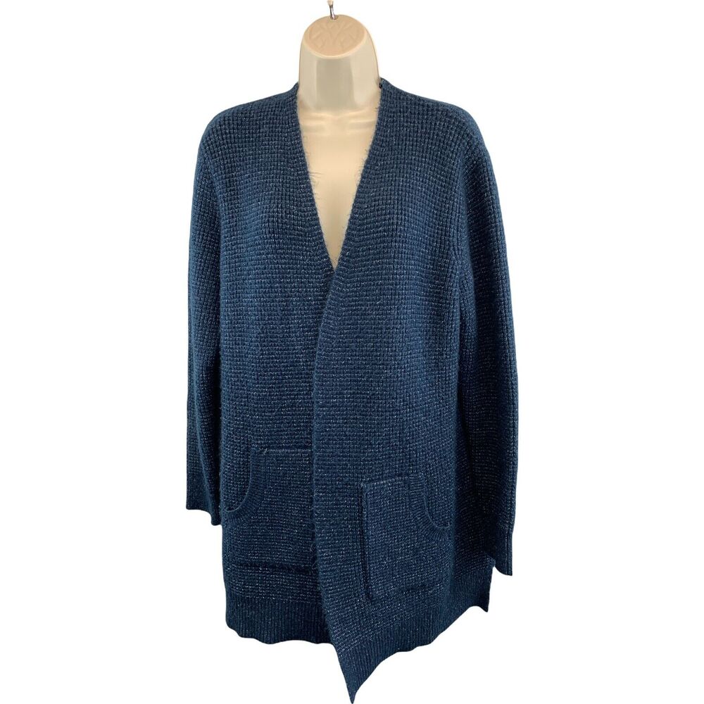 Time & Tru Womens Cardigan Sweater Sz Large Blue Open Front Pockets Casual Tunic